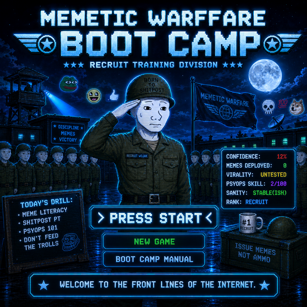 Memetic Warfare Boot Camp — Press Start. US Department of
                Memetic Warfare, Training Division. Are you ready to become
                a keyboard warrior, son? 1-10 players, no install.