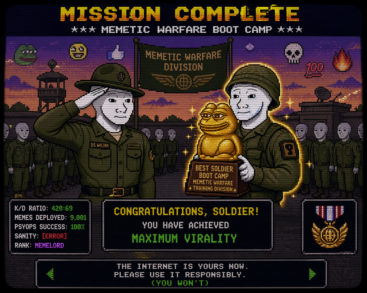 Mission Complete — Memetic Warfare Boot Camp graduation screen