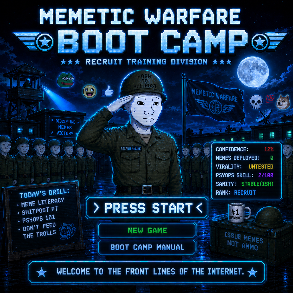 Memetic Warfare Boot Camp — Press Start. US Department of
                Memetic Warfare, Training Division. Are you ready to become
                a keyboard warrior, son? 1-10 players, no install.
